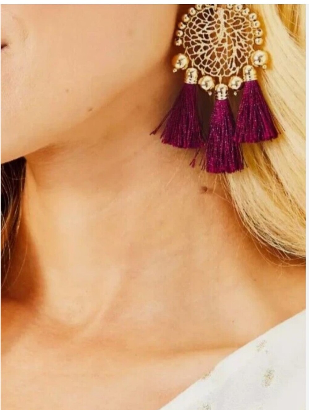 Lilly Pulitzer Sea Dreamer Gold Filigree Earrings with Plum Tassels